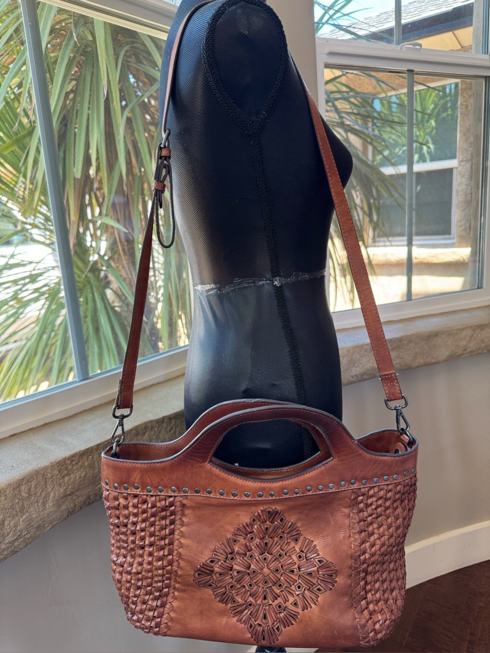Handcrafted Brown Leather Woven Boho Mandala Shoulder Bag - Handbag - Purse - Picture 6 of 13